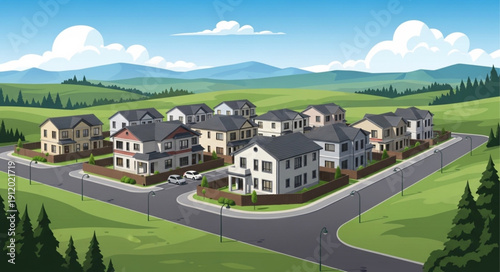 Suburban Neighborhood with Modern Houses.