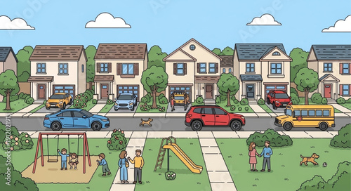 Suburban Neighborhood with Playground Scene.
