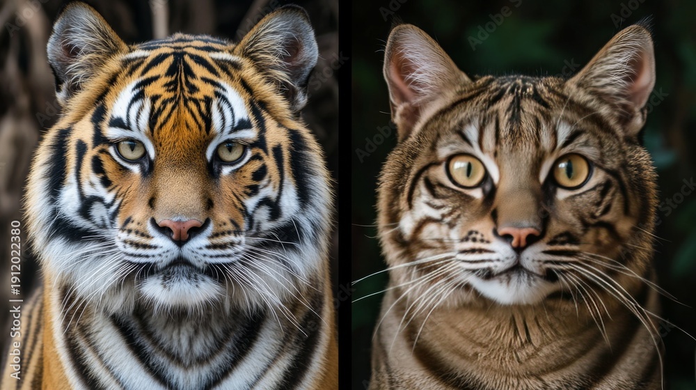 Obraz premium Two felines share similarities in patterns and gazes in a close-up view of a tiger and a domestic cat