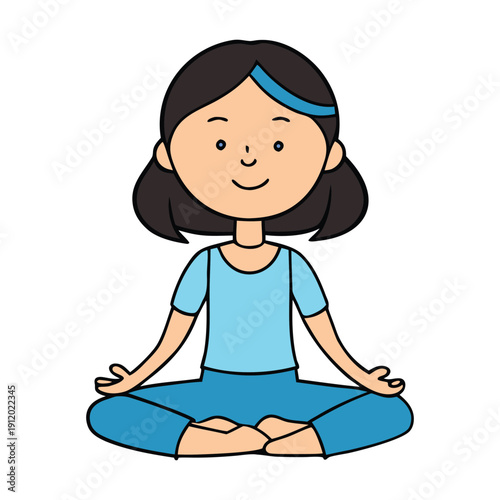 A peaceful girl sits cross-legged, eyes closed, breathing deeply in calm serenity, surrounded by soft light, embracing mindfulness and inner peace in meditation.
