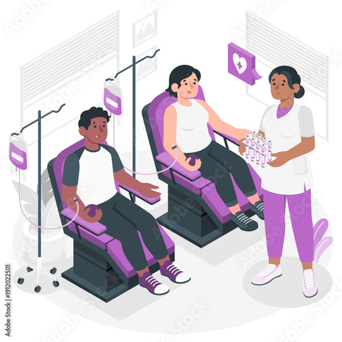 Blood donation process with two donors and nurse in medical clinic illustration