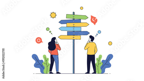 Man and woman standing in front of a multi-directional signpost, thinking about which path to choose for their future goals and life decisions.