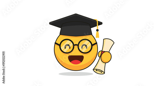 Happy graduation emoji character wearing a black mortarboard cap and holding a rolled diploma scroll with a red ribbon.