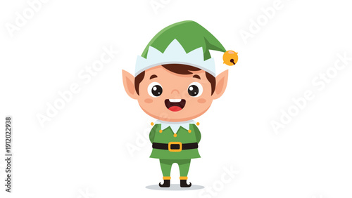 Small cheerful Christmas elf character wearing a green and white costume with a pointed hat and a golden bell on the tip.