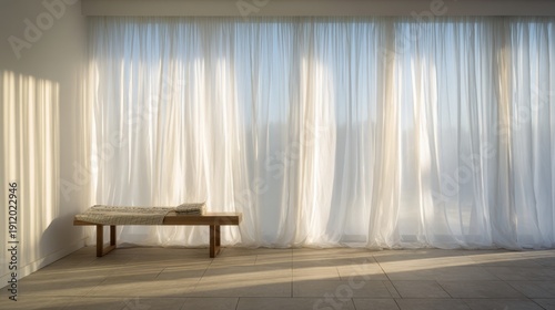 Serene interior design with sunlit curtains and wooden bench in minimalist living room