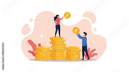 Two business people work together to stack large gold coins into tall piles representing financial success and wealth growth.