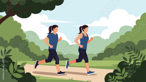 Two athletic women in sportswear enjoy a healthy morning run through a lush green park surrounded by dense trees and foliage.