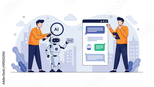 Two developers interact with an artificial intelligence robot and a digital chatbot interface to improve machine learning.
