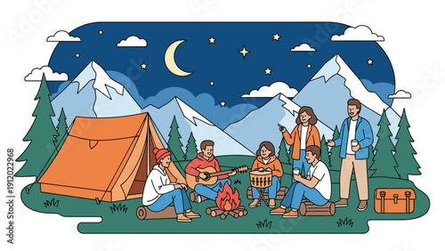 Group of friends enjoys a peaceful camping trip under the moonlight while playing guitar and singing around a warm campfire.