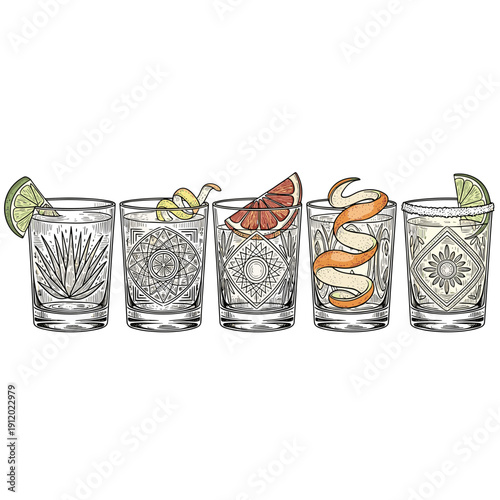 Row of Diverse Garnish Cocktails for Menu