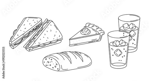 Set of Bread Sandwiches and Drink Sketches