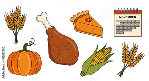 Thanksgiving Dinner Elements and Autumn Calendar Set