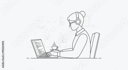 Focused female professional wearing headphones and glasses works diligently on a laptop while enjoying a hot beverage in a modern minimalist workspace environment