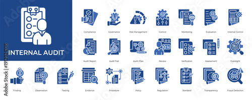 Internal Audit Icon set Collection in Glyph Two Color Style. compliance, governance, risk, management, control, monitoring, evaluation
