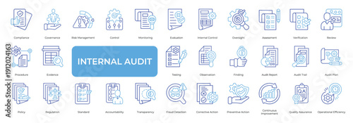 Internal Audit Icon set Collection in Line Two Color Style. compliance, governance, risk, management, control, monitoring, evaluation