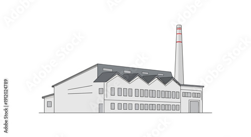 A detailed illustration of a factory building with a tall smokestack, showcasing industrial architecture.