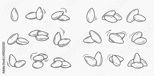 Set of hand-drawn almond nuts, whole and in piles, with motion lines indicating falling or movement, isolated on a transparent background.