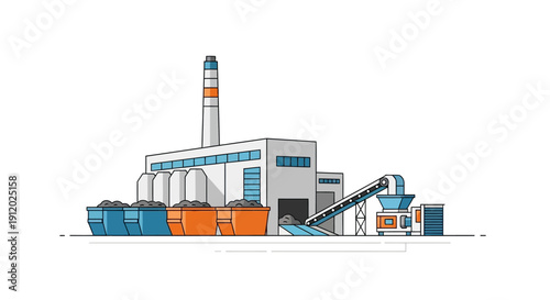 Illustration of a modern waste processing plant with industrial machinery and large containers for waste collection.