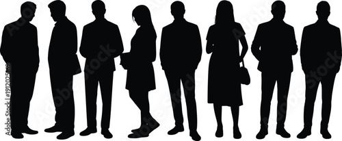 Business people silhouettes standing together in professional poses, diverse corporate men and women black vector illustration representing teamwork, office workforce, leadership, isolated on white