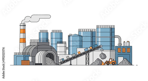 Illustration of an industrial factory complex with a smokestack, silos, and a conveyor belt system moving materials.