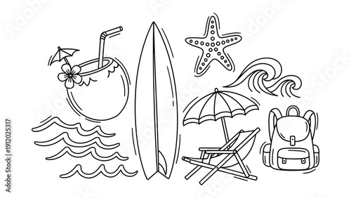 Obraz na płótnie Beach Day Essentials Sketch: A hand-drawn collection of summer essentials captures the essence of a perfect beach day, featuring a surfboard, refreshing drink, starfish, and sun umbrella