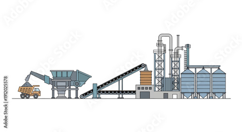 Illustration of a modern industrial plant with a truck delivering raw materials to a conveyor belt leading to processing towers and storage silos.