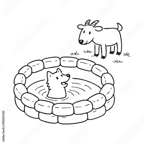 Aesop’s fable The Fox and the Goat vector illustration. Fairy tale line art doodle in hand-drawn ink style, perfect for children’s stories and educational use. Transparent background.