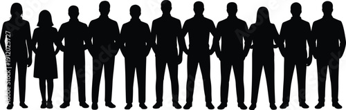 Group of business people silhouettes standing in a row, diverse men and women black vector illustration representing teamwork, corporate workforce, unity, leadership, isolated on white background