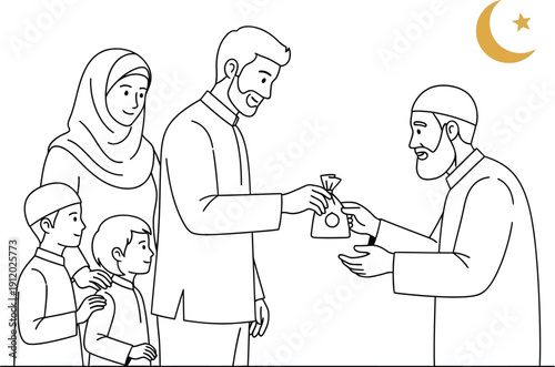 Generous Muslim man offering charity money in a small bag to an elder while his family watches, symbolizing Islamic giving tradition