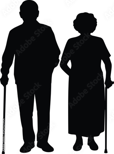 Elderly couple silhouettes standing with walking canes, senior man and woman black vector illustration symbolizing aging, retirement, support, healthcare, companionship, isolated on white background