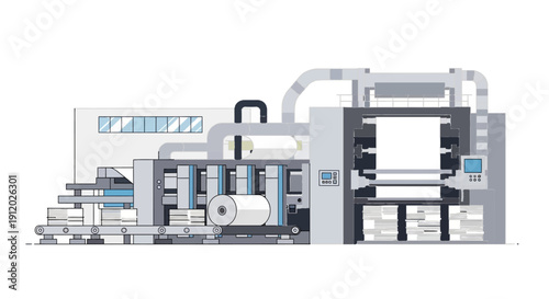 Illustration of a large industrial printing press machine with rolls of paper and complex machinery.