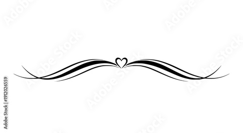 A minimalist and elegant black decorative flourish scroll border featuring a delicate heart, perfect for invitations, frames, or decorative accents in scalable vector format.