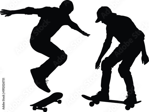 Black silhouette of skateboarders performing tricks, urban street sport concept, dynamic youth activity isolated on white background