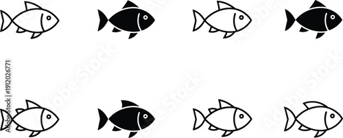 Fish icon set outline and silhouette aquatic animal flat vector illustration isolated