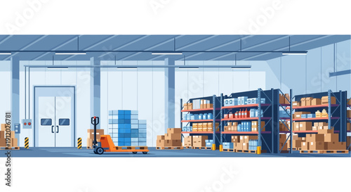 A modern warehouse interior with shelves stacked high with boxes and a pallet jack ready for use.