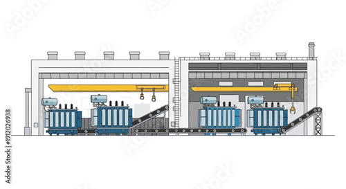 Illustration of a transformer manufacturing plant with assembly lines and heavy machinery.