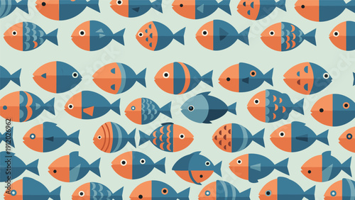 Vibrant seamless pattern featuring rows of stylized fish in shades of orange and blue swimming on a pale background.