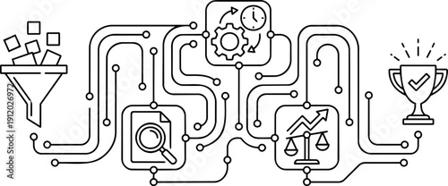 Vector Line Art of Data Processing Workflow: From Filtering Funnel to Success Trophy via Analysis Circuit