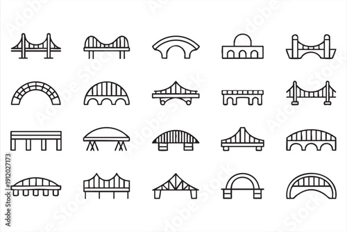 Bridge outline icons with suspension and arch structures