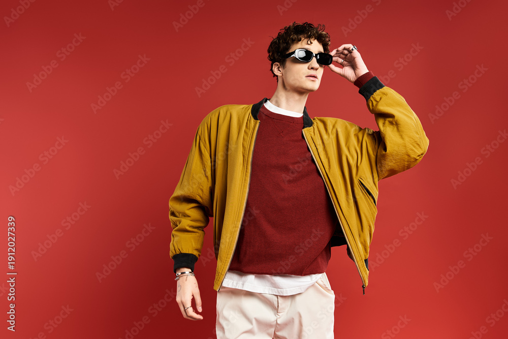 Obraz premium A young handsome man showcases his fashionable look with confidence in a bold red setting