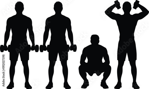 Black silhouette set of man exercising with dumbbells, strength training and bodybuilding concept isolated on white background