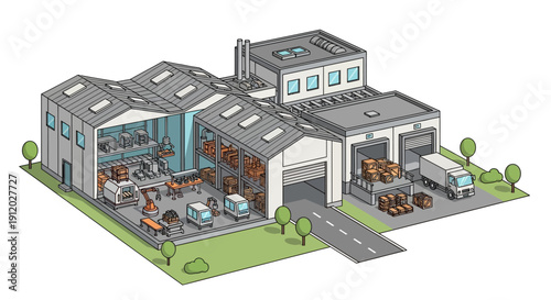 Isometric illustration of a modern industrial warehouse complex with loading docks, vehicles, and internal storage.