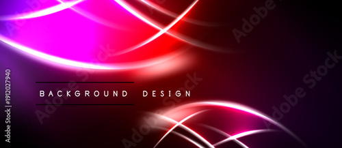 Abstract design features vibrant curves, glowing lines. Dark background enhances bright pink, red hues. Modern aesthetic.