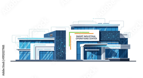 Modern Smart Industrial Operations Center building with digital network connections, representing advanced technology and industry.
