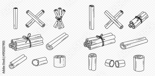 Set of hand-drawn cinnamon sticks and rolls in various forms, isolated on a transparent background.