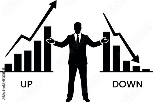 Businessman standing between rising and falling financial charts