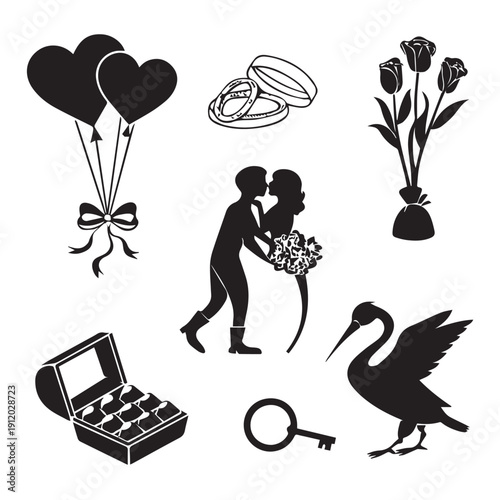 Valentine day romantic graphics set including heart balloons wedding rings kissing couple silhouette bouquet of roses box of chocolates key and bird for love celebration illustrations