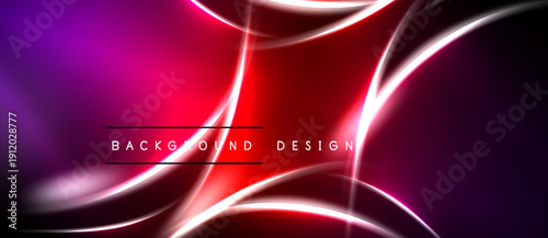 Abstract neon lines create vibrant red, purple gradients. Dark background emphasizes glowing curves, modern design elements.