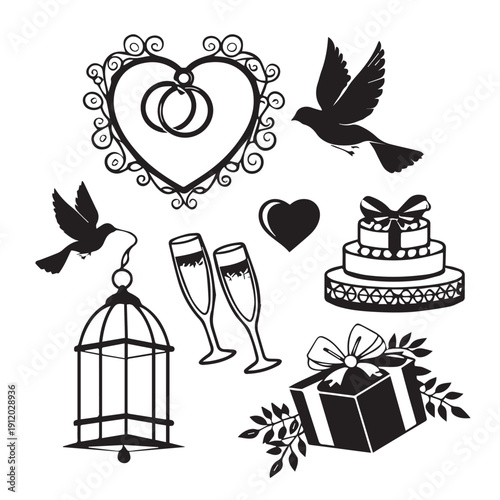 Wedding celebration symbols with rings in heart frame, flying doves, champagne flutes, cake, gift box, bird cage, love heart, festive elements, romantic decor