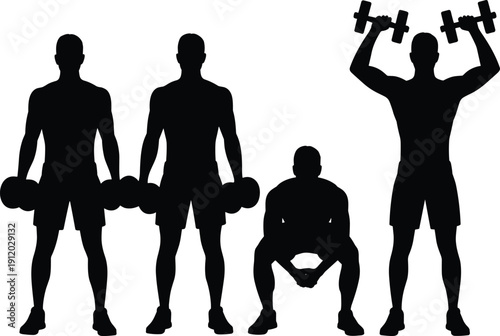 Black silhouette set of man lifting dumbbells, strength training and bodybuilding concept, fitness workout poses isolated on white background